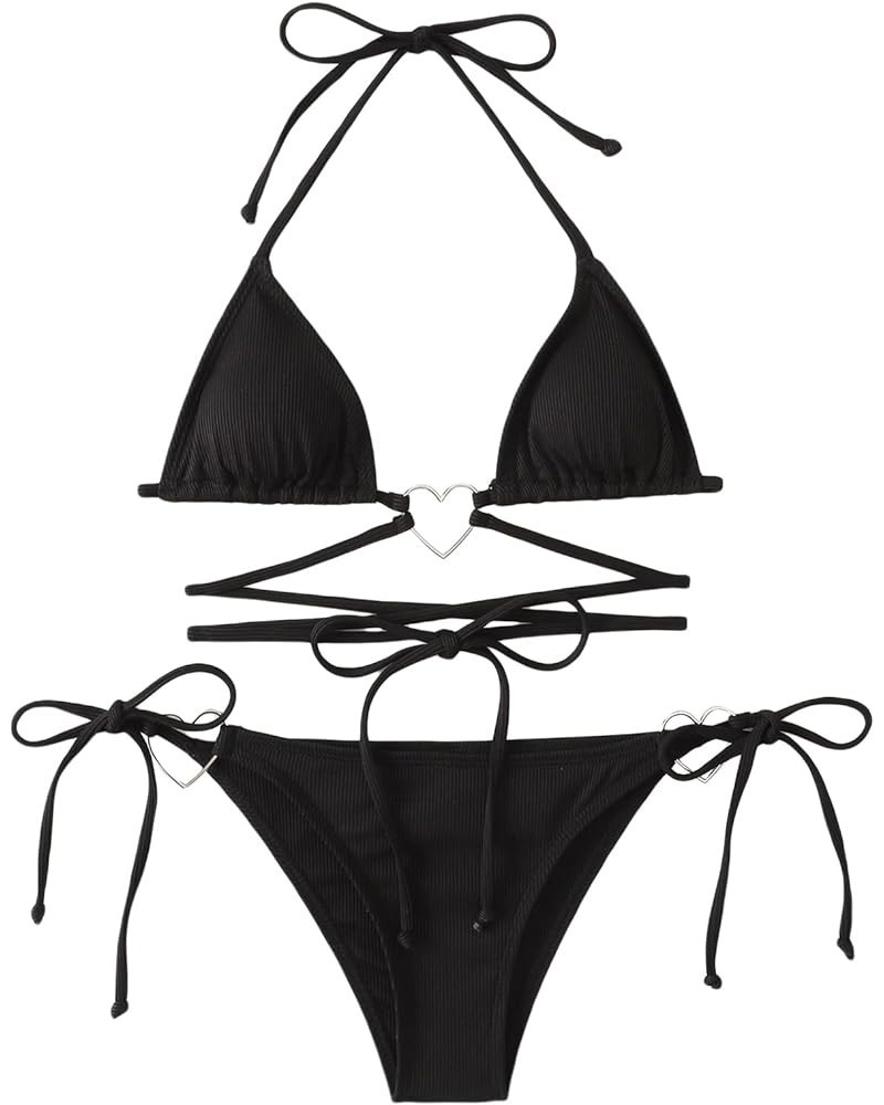 Women Two Piece Heart Ring Linked Bikini Set Lace Up Tie Halter Swimsuit Black $20.51 Swimsuits