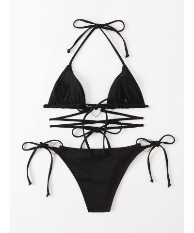 Women Two Piece Heart Ring Linked Bikini Set Lace Up Tie Halter Swimsuit Black $20.51 Swimsuits