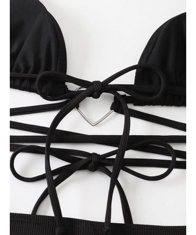 Women Two Piece Heart Ring Linked Bikini Set Lace Up Tie Halter Swimsuit Black $20.51 Swimsuits