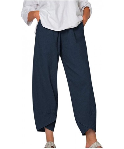 Cotton Linen Casual Summer Capri Pants Printed Cropped Comfy Baggy Trousers with Pockets Palazzo Lounge Pants A15 Navy $13.33...