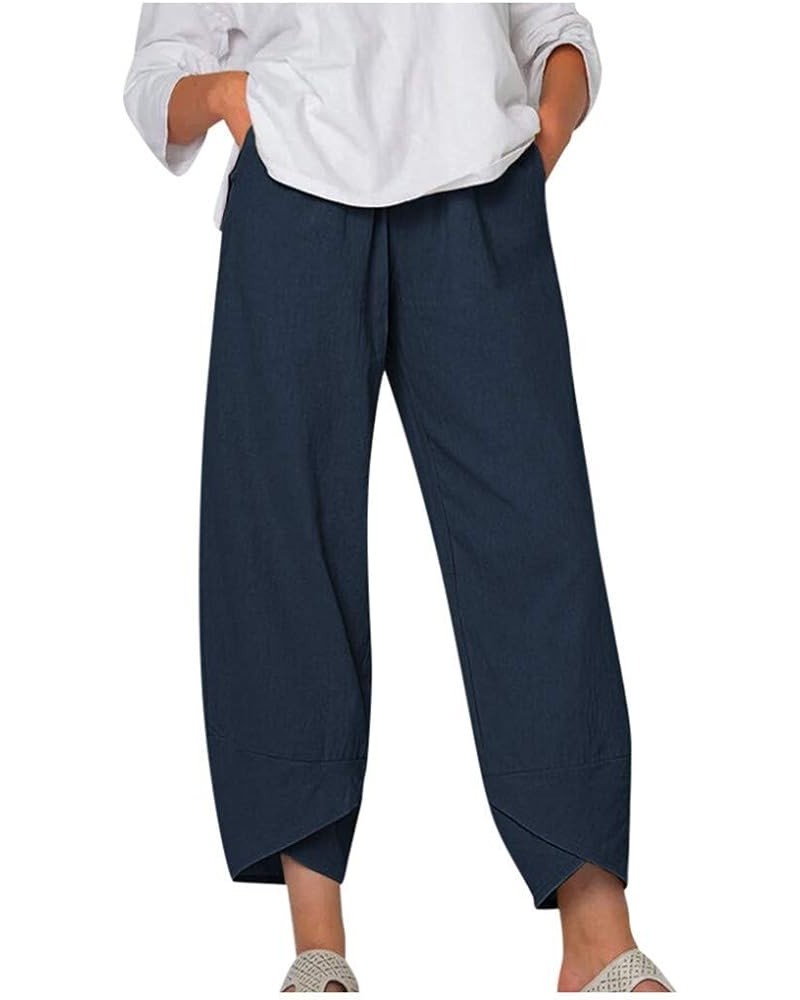 Cotton Linen Casual Summer Capri Pants Printed Cropped Comfy Baggy Trousers with Pockets Palazzo Lounge Pants A15 Navy $13.33...