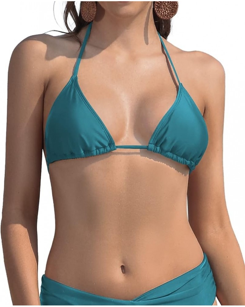 Women's Triangle Bikini Top Padded Halter Swimsuit Tops Tie String Bathing Suit Top Dark Green - Top $16.29 Swimsuits