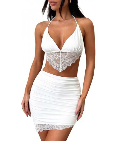 Women's 2 Piece Outfits Lace Crop Top High Waist Ruched Mini Skirts Party Suits Dress White $11.60 Dresses