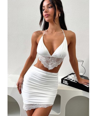 Women's 2 Piece Outfits Lace Crop Top High Waist Ruched Mini Skirts Party Suits Dress White $11.60 Dresses