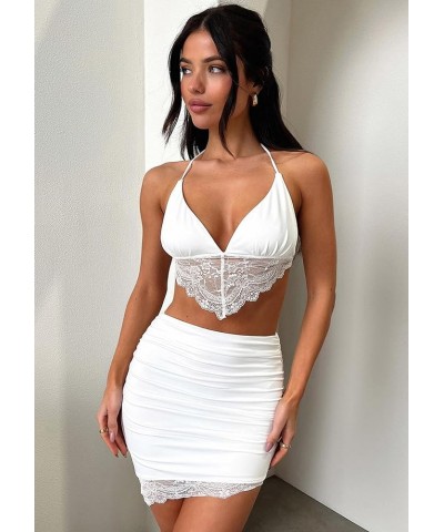 Women's 2 Piece Outfits Lace Crop Top High Waist Ruched Mini Skirts Party Suits Dress White $11.60 Dresses