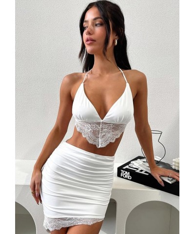 Women's 2 Piece Outfits Lace Crop Top High Waist Ruched Mini Skirts Party Suits Dress White $11.60 Dresses