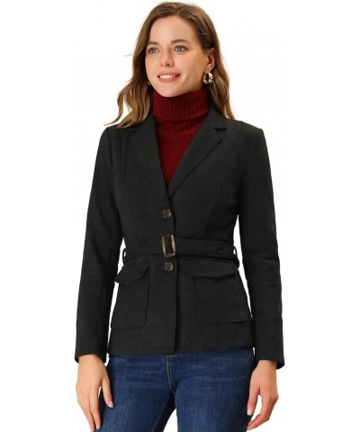 Women's Faux Suede Blazer Belted Lapel Outwear Single Breasted Work Jacket Black $22.80 Blazers