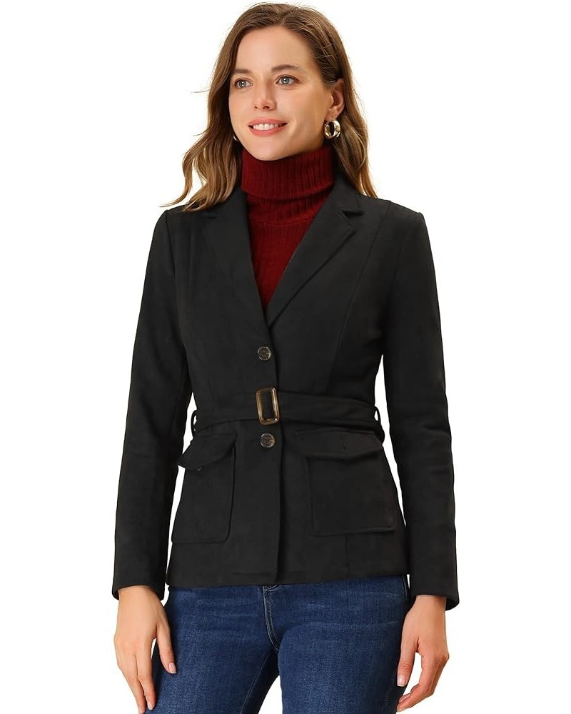 Women's Faux Suede Blazer Belted Lapel Outwear Single Breasted Work Jacket Black $22.80 Blazers