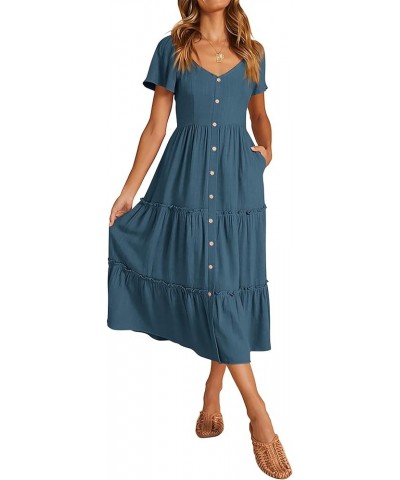 Womens Summer Dresses 2024 Casual Short Sleeve Button V Neck Tiered A Line Flowy Beach Midi Dress with Pockets Blue $23.52 Dr...