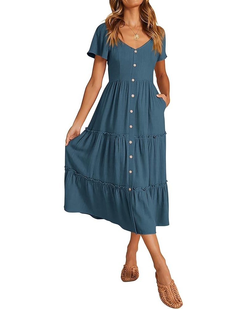 Womens Summer Dresses 2024 Casual Short Sleeve Button V Neck Tiered A Line Flowy Beach Midi Dress with Pockets Blue $23.52 Dr...