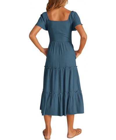 Womens Summer Dresses 2024 Casual Short Sleeve Button V Neck Tiered A Line Flowy Beach Midi Dress with Pockets Blue $23.52 Dr...