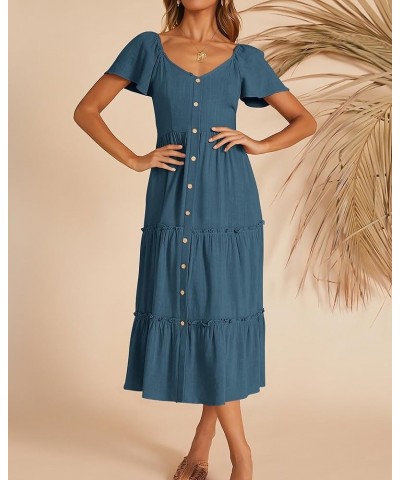 Womens Summer Dresses 2024 Casual Short Sleeve Button V Neck Tiered A Line Flowy Beach Midi Dress with Pockets Blue $23.52 Dr...