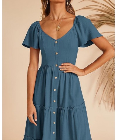 Womens Summer Dresses 2024 Casual Short Sleeve Button V Neck Tiered A Line Flowy Beach Midi Dress with Pockets Blue $23.52 Dr...