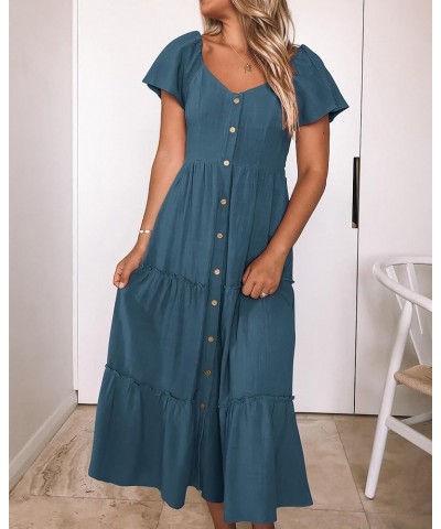 Womens Summer Dresses 2024 Casual Short Sleeve Button V Neck Tiered A Line Flowy Beach Midi Dress with Pockets Blue $23.52 Dr...