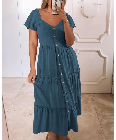 Womens Summer Dresses 2024 Casual Short Sleeve Button V Neck Tiered A Line Flowy Beach Midi Dress with Pockets Blue $23.52 Dr...