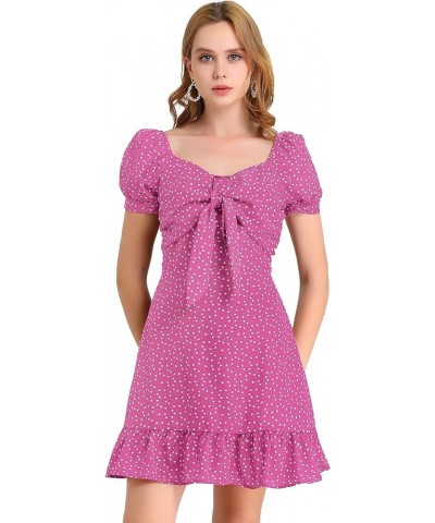 Women's Heart Sweetheart Neckline Puff Sleeve Ruffled Hem Tie Knot Mini Dress Pink $13.05 Dresses