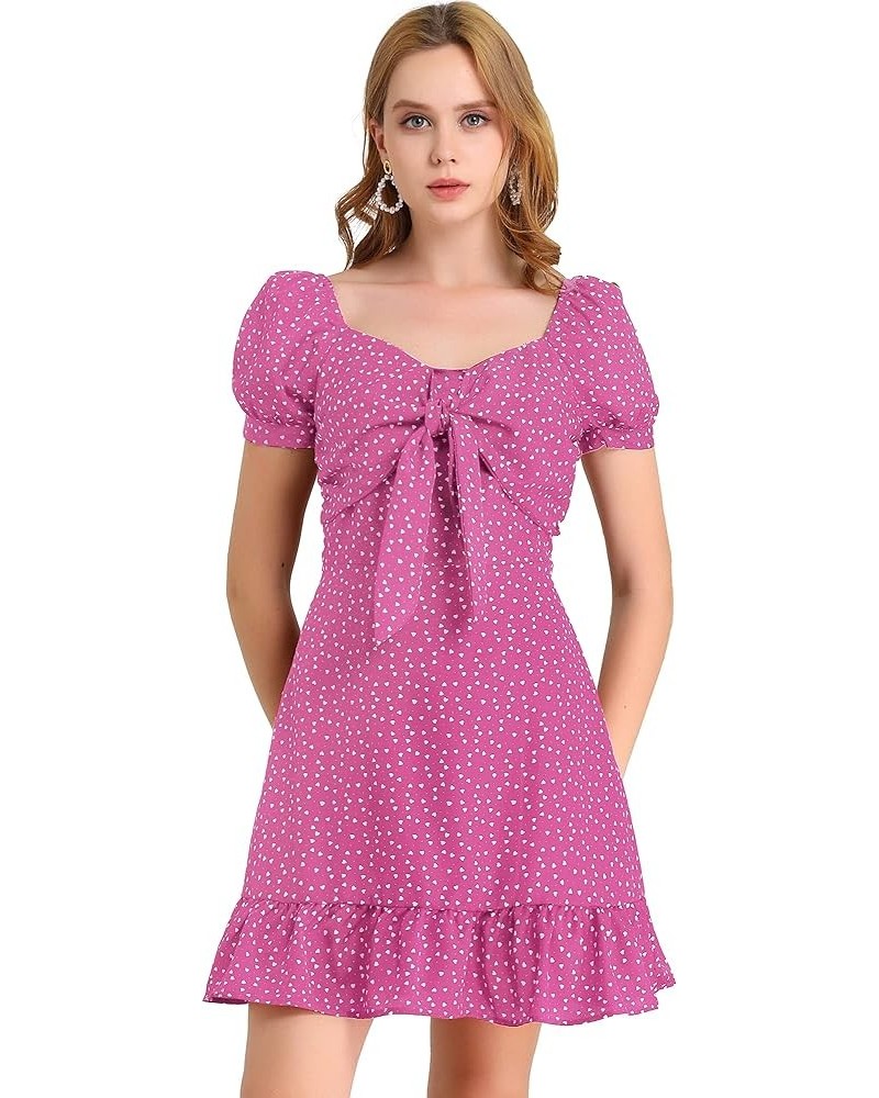 Women's Heart Sweetheart Neckline Puff Sleeve Ruffled Hem Tie Knot Mini Dress Pink $13.05 Dresses