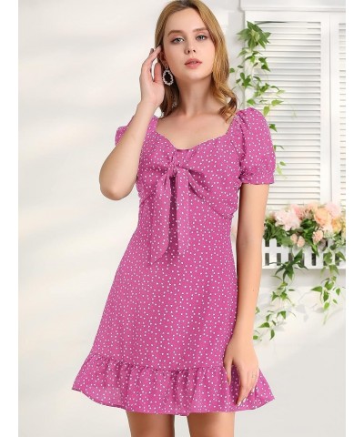 Women's Heart Sweetheart Neckline Puff Sleeve Ruffled Hem Tie Knot Mini Dress Pink $13.05 Dresses