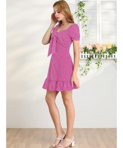 Women's Heart Sweetheart Neckline Puff Sleeve Ruffled Hem Tie Knot Mini Dress Pink $13.05 Dresses