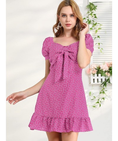 Women's Heart Sweetheart Neckline Puff Sleeve Ruffled Hem Tie Knot Mini Dress Pink $13.05 Dresses