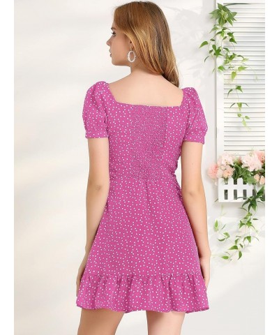 Women's Heart Sweetheart Neckline Puff Sleeve Ruffled Hem Tie Knot Mini Dress Pink $13.05 Dresses