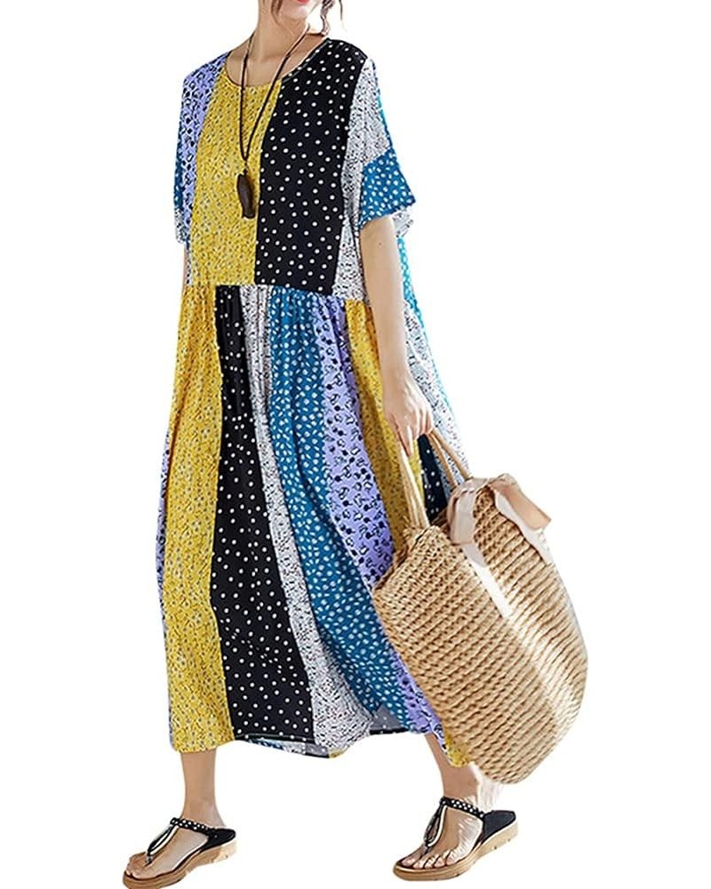 Women Loose Casual Cotton Linen Dress Floral Boho Maxi Dress Contrast House Robes Half Sleeves Plus Size Yellow $15.84 Dresses