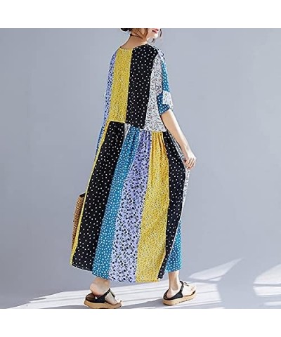 Women Loose Casual Cotton Linen Dress Floral Boho Maxi Dress Contrast House Robes Half Sleeves Plus Size Yellow $15.84 Dresses