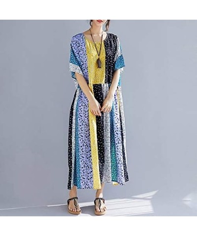 Women Loose Casual Cotton Linen Dress Floral Boho Maxi Dress Contrast House Robes Half Sleeves Plus Size Yellow $15.84 Dresses