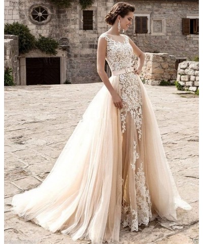 Mermaid Lace Cap Wedding Dress with Detachable Tulle Train for Bride Evening Prom Gown MDPM20 Ivory $73.12 Dresses