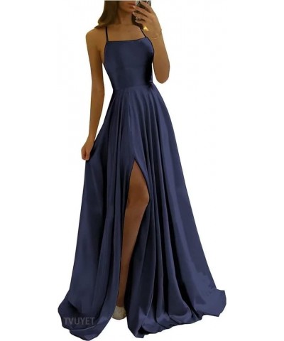 Women's Long Bridesmaid Dresses Satin with Slit Prom Ball Gown with Pockets Spaghetti Strap Formal Dress Navy Blue $27.91 Dre...