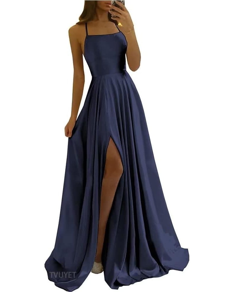 Women's Long Bridesmaid Dresses Satin with Slit Prom Ball Gown with Pockets Spaghetti Strap Formal Dress Navy Blue $27.91 Dre...