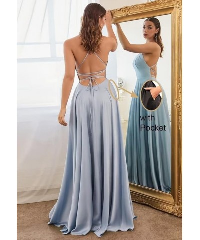 Women's Long Bridesmaid Dresses Satin with Slit Prom Ball Gown with Pockets Spaghetti Strap Formal Dress Navy Blue $27.91 Dre...