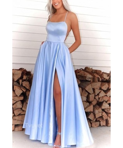 Women's Long Bridesmaid Dresses Satin with Slit Prom Ball Gown with Pockets Spaghetti Strap Formal Dress Navy Blue $27.91 Dre...