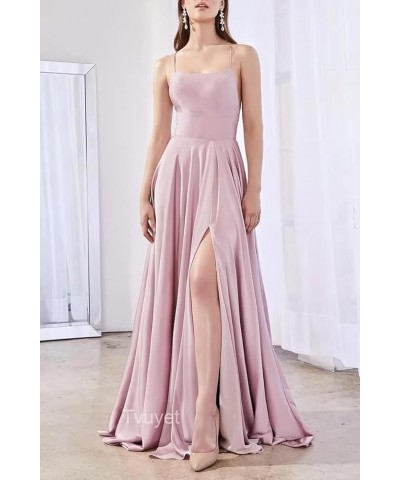 Women's Long Bridesmaid Dresses Satin with Slit Prom Ball Gown with Pockets Spaghetti Strap Formal Dress Navy Blue $27.91 Dre...