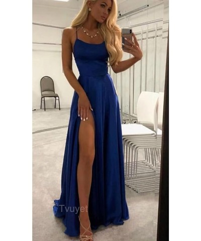 Women's Long Bridesmaid Dresses Satin with Slit Prom Ball Gown with Pockets Spaghetti Strap Formal Dress Navy Blue $27.91 Dre...