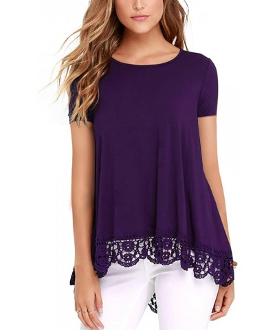 Women's Tops Short Sleeve Lace Trim O-Neck A-Line Tunic Blouse Tops for Women Purple-short Sleeve $13.91 Tops