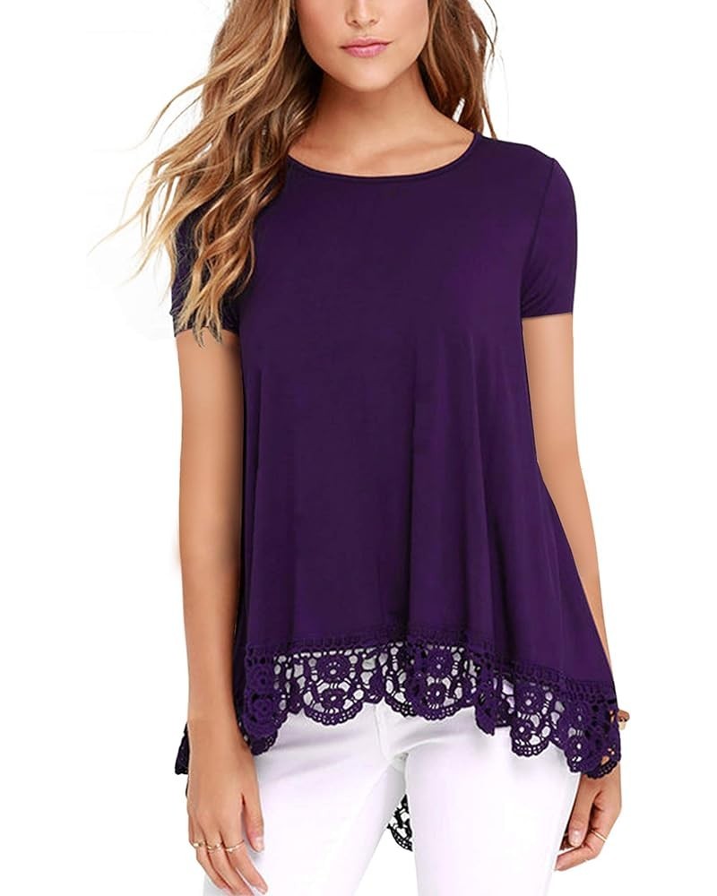 Women's Tops Short Sleeve Lace Trim O-Neck A-Line Tunic Blouse Tops for Women Purple-short Sleeve $13.91 Tops