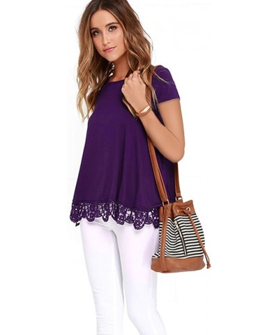 Women's Tops Short Sleeve Lace Trim O-Neck A-Line Tunic Blouse Tops for Women Purple-short Sleeve $13.91 Tops