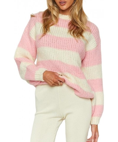 Women Y2k Striped Oversized Sweater Long Sleeve Crewneck Pullover Sweater Top Vintage Aesthetic Knitted Top I1-i-pink $14.40 ...