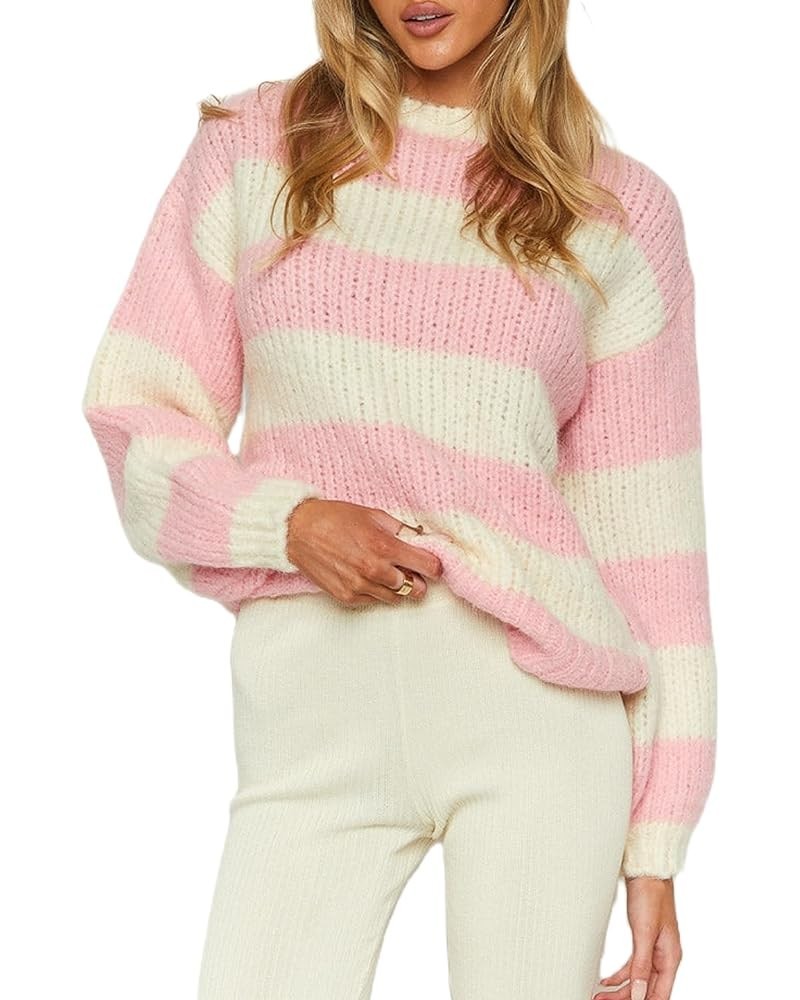 Women Y2k Striped Oversized Sweater Long Sleeve Crewneck Pullover Sweater Top Vintage Aesthetic Knitted Top I1-i-pink $14.40 ...