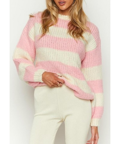 Women Y2k Striped Oversized Sweater Long Sleeve Crewneck Pullover Sweater Top Vintage Aesthetic Knitted Top I1-i-pink $14.40 ...