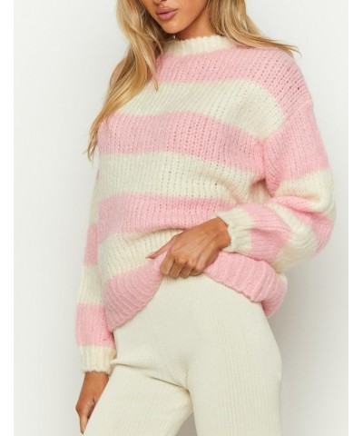 Women Y2k Striped Oversized Sweater Long Sleeve Crewneck Pullover Sweater Top Vintage Aesthetic Knitted Top I1-i-pink $14.40 ...