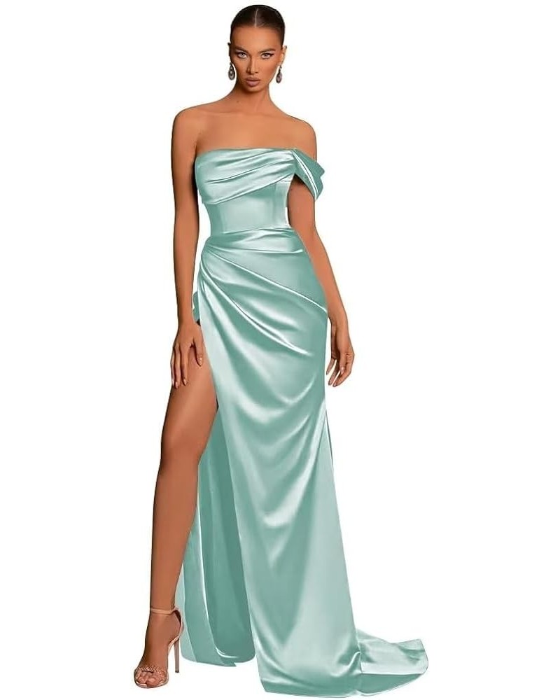 Off The Shoulder Satin Prom Dresses Mermaid Long with Slit Bridesmaid Dresses Women’s Formal Evening Gowns Sky Blue $24.20 Dr...