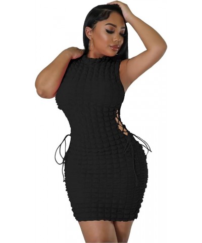 Women's Sexy Bodycon Mini Dress Crew Neck Sleeveless Hollow Out Drawstring Plaid Y2K Party Clubwear Dresses Black $14.99 Dresses