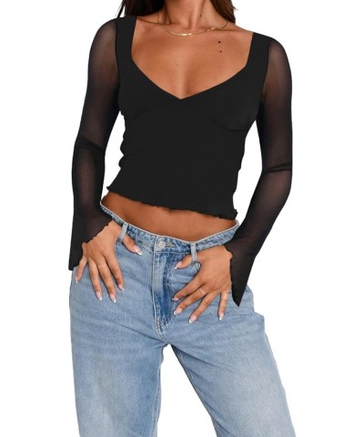 Y2k Womens Long Sleeve Going Out Tops Sexy Lace Mesh Sheer See Through Crop Top Low Cut Slim Fit T Shirt Tees Black V Neck $1...