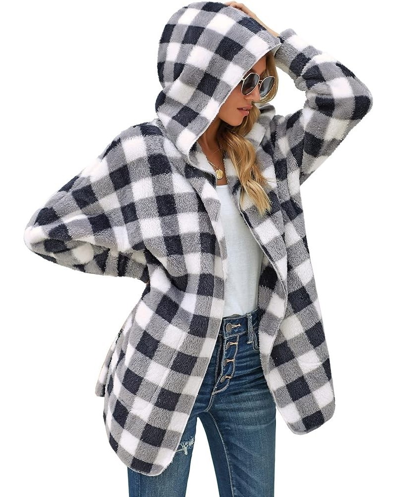 Fleece Cardigans for Women Fuzzy Open Front Hooded Cardigans Winter Coats with Pocket Plaid $21.62 Jackets