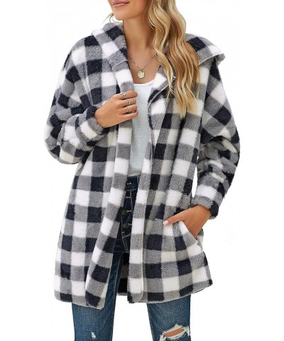 Fleece Cardigans for Women Fuzzy Open Front Hooded Cardigans Winter Coats with Pocket Plaid $21.62 Jackets