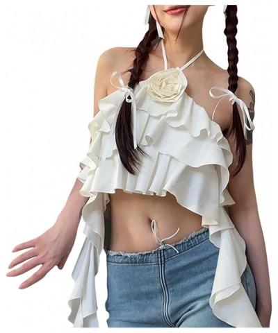 Women Y2k Tank Top Sleeveless 3D Floral Tassels Ruffles Crop Vests Summer Going Out Tops Off Shoulder Streetwear A1-white $8....