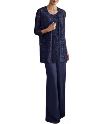 Women's Chiffon and Lace 3 Pieces Mother Suit Pants Wedding Guest Party Evening Outfit Navy Blue $66.70 Suits