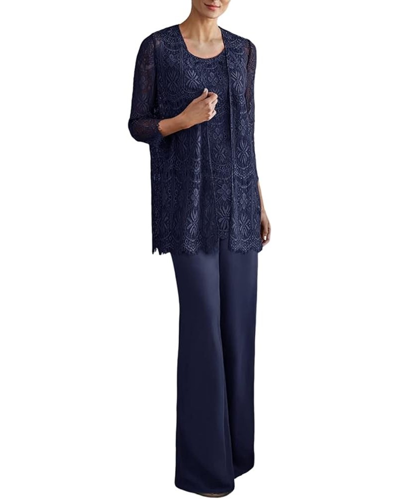 Women's Chiffon and Lace 3 Pieces Mother Suit Pants Wedding Guest Party Evening Outfit Navy Blue $66.70 Suits